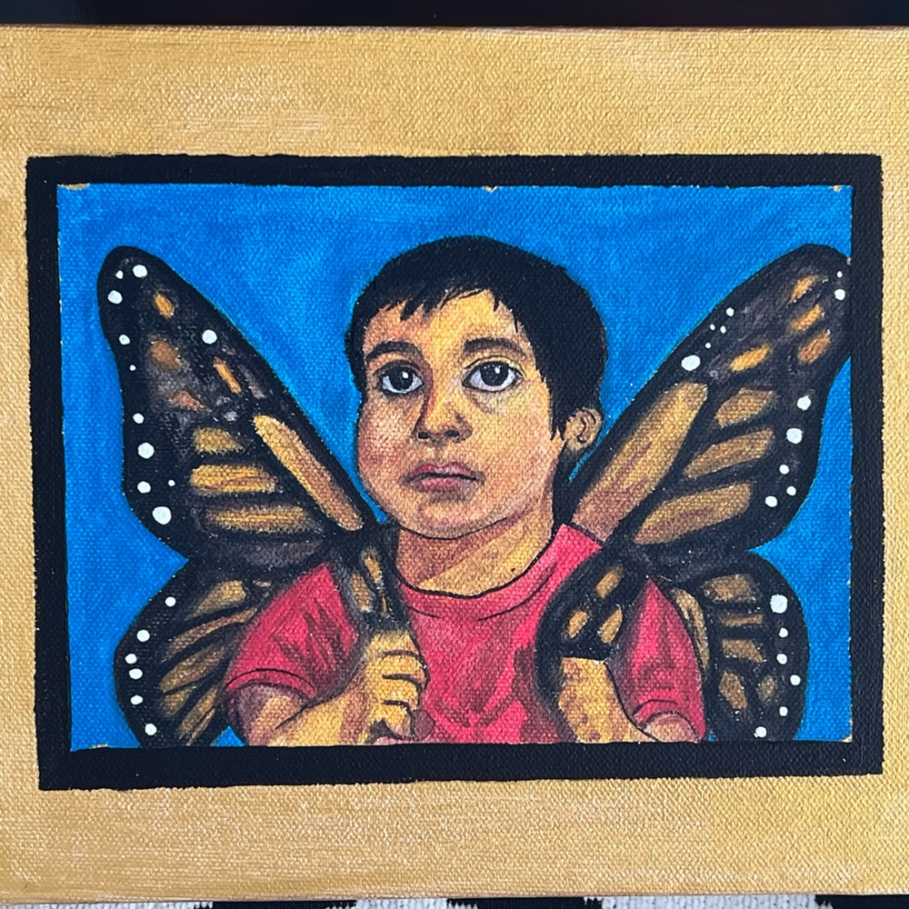 Original Gouache on Canvas of young boy wearing monarch butterfly wings
